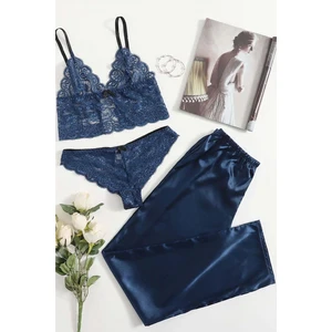 Merry See Dantel Sütyen Külot Saten Pijama Alt 3 Lü Takım