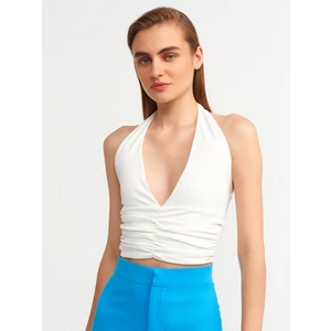 20154 Büzgü Detaylı Crop Top-Ekru