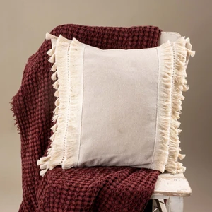 Tekli Özel Tasarım Ham Keten Ekru Kenarı Püsküllü Ponponlu Kırlent Yastık Kılıfı 43x43 cm