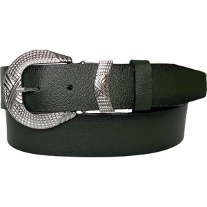 Hakiki Deri, Gümüş Tokalı, Metal Köprülü Yeşil Kadın Kot Kemeri 4 cm