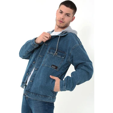 Little Cup Jeans Co Erkek Mavi Kapüşonlu Çıkarılabilir Kapüşonlu Oversize Kot