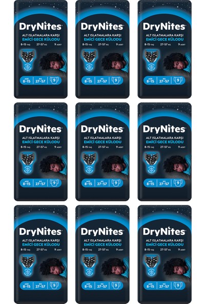 DryNites Erkek Emici Gece Külodu 8-15 Yaş 9'lu x 9 Paket (81 Adet)