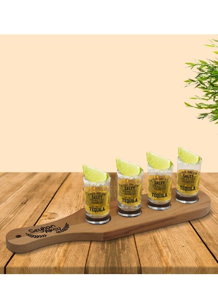 Kişiye Özel Masif Ahşap Tekila Sunum Tepsisi ve 4’lü Shot Bardak Seti - Model 5
