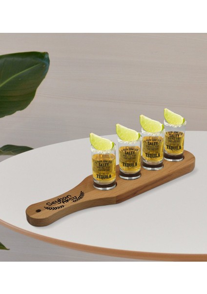 Kişiye Özel Masif Ahşap Tekila Sunum Tepsisi ve 4’lü Shot Bardak Seti - Model 5