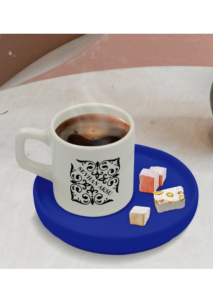 Kişiye Özel Mavi Sunum Tabaklı Isimli Türk Kahvesi Fincanı Model 10 modelleri