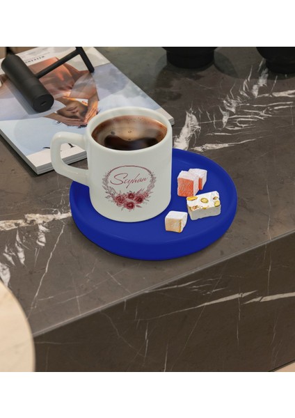 Kişiye Özel Mavi Sunum Tabaklı Çiçek Tasarımlı Türk Kahvesi Fincanı Model 1