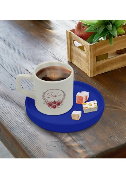 Kişiye Özel Mavi Sunum Tabaklı Çiçek Tasarımlı Türk Kahvesi Fincanı Model 1