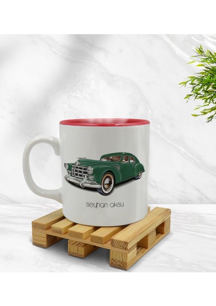 Kişiye Özel Retro Otomobil Tasarımlı Içi Kırmızı Renkli Kupa Bardak Model 3