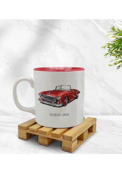 Kişiye Özel Retro Otomobil Tasarımlı Içi Kırmızı Renkli Kupa Bardak Model 2