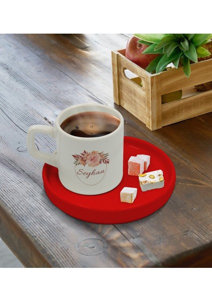 Kişiye Özel Kırmızı Sunum Tabaklı Çiçek Tasarımlı Türk Kahvesi Fincanı Model 26 fırsatları