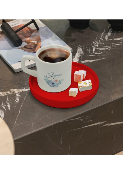 Kişiye Özel Kırmızı Sunum Tabaklı Çiçek Tasarımlı Türk Kahvesi Fincanı Model 24 fiyatları