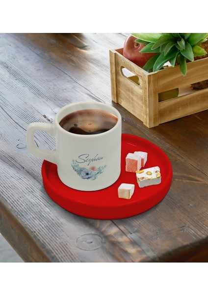 Kişiye Özel Kırmızı Sunum Tabaklı Çiçek Tasarımlı Türk Kahvesi Fincanı Model 24 fırsatları