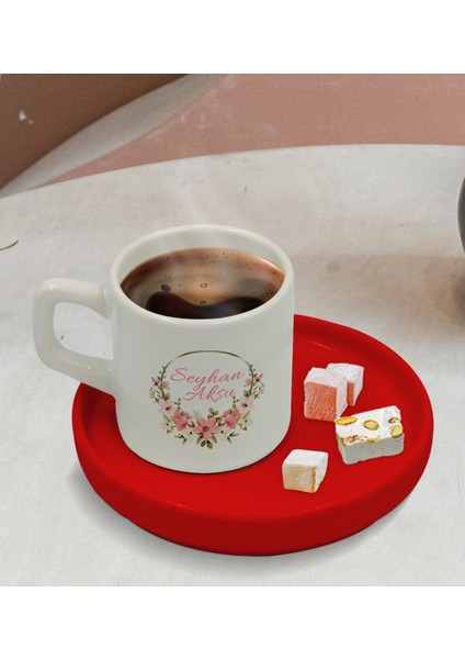 Kişiye Özel Kırmızı Sunum Tabaklı Çiçek Tasarımlı Türk Kahvesi Fincanı Model 23 modelleri