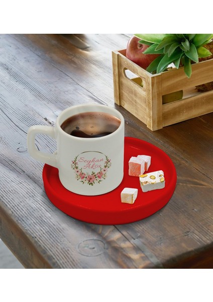 Kişiye Özel Kırmızı Sunum Tabaklı Çiçek Tasarımlı Türk Kahvesi Fincanı Model 23 fırsatları