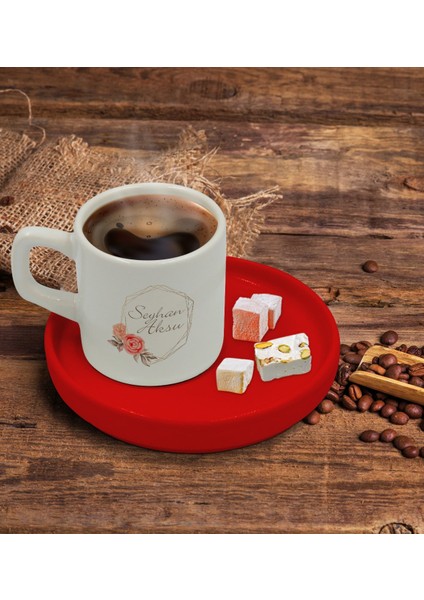 Kişiye Özel Kırmızı Sunum Tabaklı Çiçek Tasarımlı Türk Kahvesi Fincanı Model 21