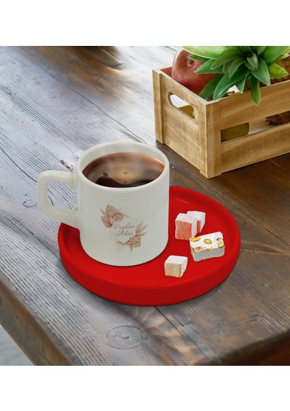 Kişiye Özel Kırmızı Sunum Tabaklı Çiçek Tasarımlı Türk Kahvesi Fincanı Model 16 fırsatları