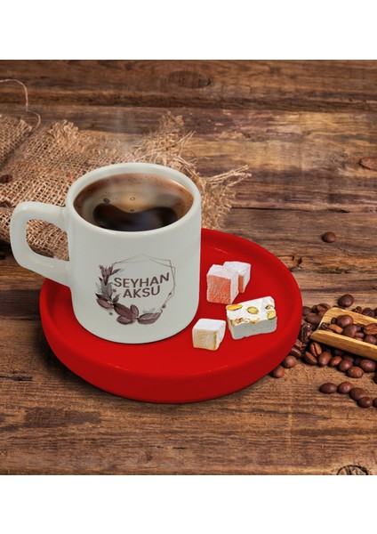 Kişiye Özel Kırmızı Sunum Tabaklı Çiçek Tasarımlı Türk Kahvesi Fincanı Model 13