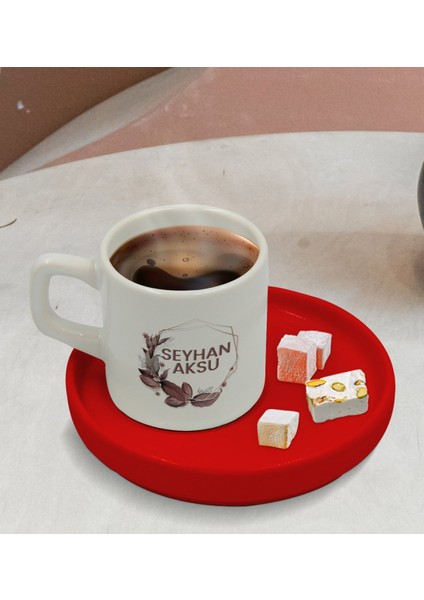 Kişiye Özel Kırmızı Sunum Tabaklı Çiçek Tasarımlı Türk Kahvesi Fincanı Model 13 modelleri