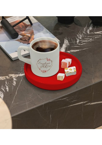 Kişiye Özel Kırmızı Sunum Tabaklı Çiçek Tasarımlı Türk Kahvesi Fincanı Model 5 fiyatları