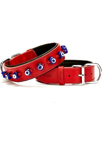 Doggie Comfort Deri Nazar Boncuklu Köpek Boyun Tasması Large Kırmızı 4X57-65 cm