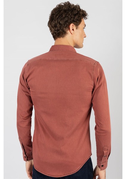 Slim Fit Dar Kesim %100 Pamuk Çift Cepli Bordo Denim Gömlek fırsatları