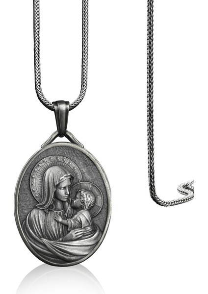 Meryem ve Bebek Isa Madalyon Gümüş Kolye