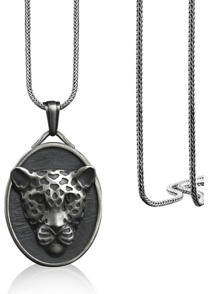 Leopar Başı Madalyon Gümüş Kolye