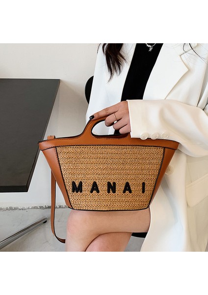 Moda Hasır Çanta Bayan Çanta Ekleme Büyük Kapasiteli Sepet Tek Omuz Messenger Çanta (Yurt Dışından)