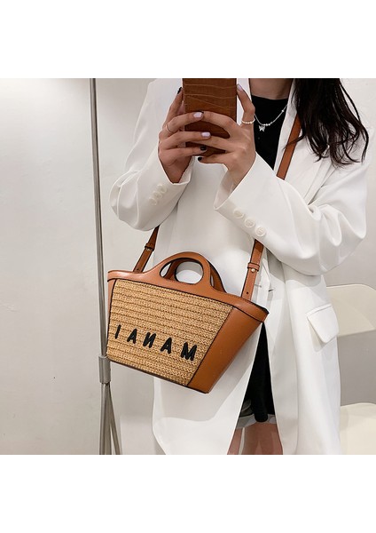 Moda Hasır Çanta Bayan Çanta Ekleme Büyük Kapasiteli Sepet Tek Omuz Messenger Çanta (Yurt Dışından)
