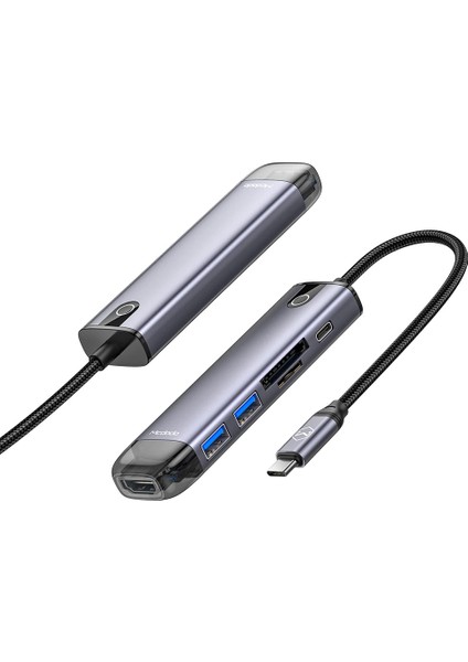 Hu-7740 6 In 1 Type C Hdmı+Usb-3.0 Pd 100W  Macbook Çevirici Çoklayıcı Adaptör-Gri