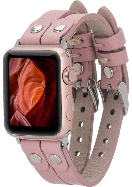 Apple Watch Uyumlu Deri Kordon Ely Double Tour Silver Trk Nu2 Pembe