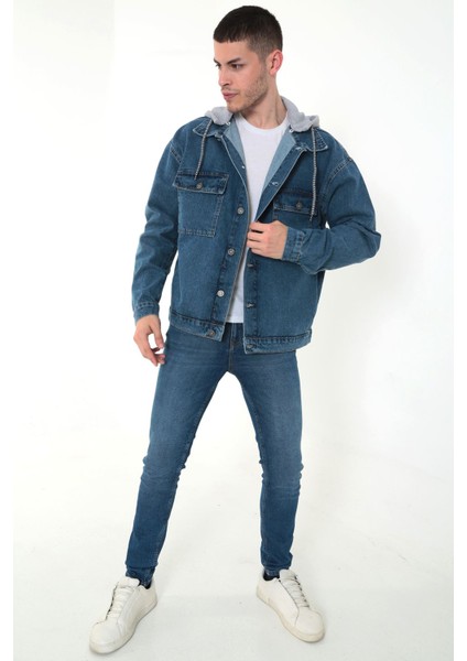 Erkek Mavi Kapüşonlu Çıkarılabilir Kapüşonlu Oversize Kot Ceket modelleri