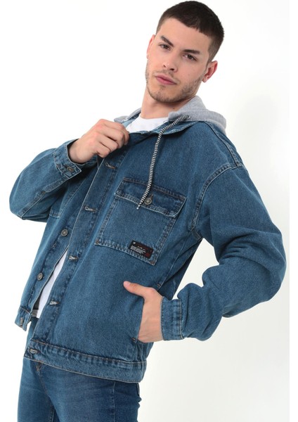 Erkek Mavi Kapüşonlu Çıkarılabilir Kapüşonlu Oversize Kot Ceket