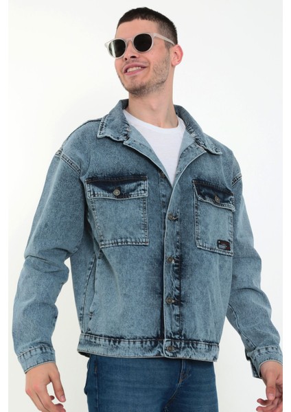 Erkek Buz Mavi Kapüşonlu Çıkarılabilir Kapüşonlu Oversize Kot Ceket