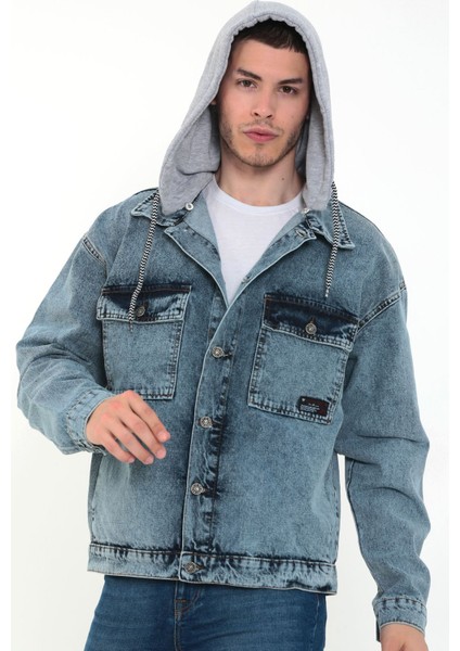 Erkek Buz Mavi Kapüşonlu Çıkarılabilir Kapüşonlu Oversize Kot Ceket fiyatları