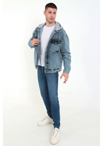 Erkek Buz Mavi Kapüşonlu Çıkarılabilir Kapüşonlu Oversize Kot Ceket modelleri