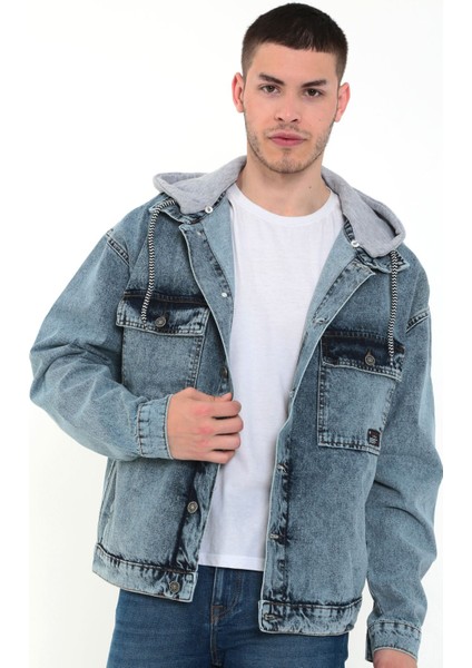 Erkek Buz Mavi Kapüşonlu Çıkarılabilir Kapüşonlu Oversize Kot Ceket fırsatları