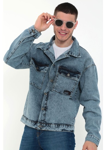 Erkek Buz Mavi Kapüşonlu Çıkarılabilir Kapüşonlu Oversize Kot Ceket indirimleri