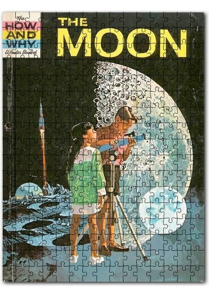 Ay Meraklı Çocuklar ve Roket Vintage Resim 120 Parça Puzzle Yapboz Mdf (Ahşap)