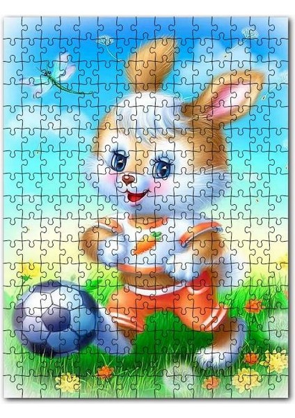 Çayırdaki Sevimli Tavşan ve Futbol Topu 120 Parça Puzzle Yapboz Mdf (Ahşap)
