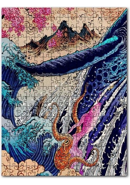Ahtapot Yunus Balina ve Dalgalar 120 Parça Puzzle Yapboz Mdf (Ahşap)