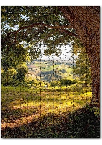 Koyu Gölgeli Ağaç ve Arkaplanda Tepeler 120 Parça Puzzle Yapboz Mdf (Ahşap)