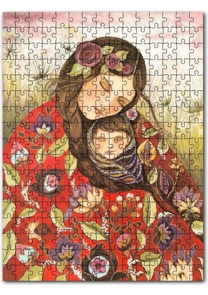 Desenli Çiçekli Elbisesiyle Kadın ve Çocuğu 255 Parça Puzzle Yapboz Mdf (Ahşap)