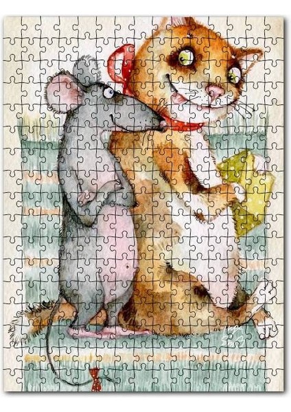 Kediyle Farenin Kıskandıran Dostluğu 120 Parça Puzzle Yapboz Mdf (Ahşap)