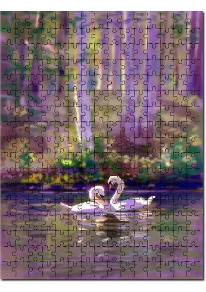Göldeki Bir Çift Kuğu Yağlıboya Çizim 255 Parça Puzzle Yapboz Mdf (Ahşap)