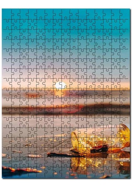 Gün Batımı Deniz Kumsalda Şişe Cam Görseli 120 Parça Puzzle Yapboz Mdf (Ahşap)