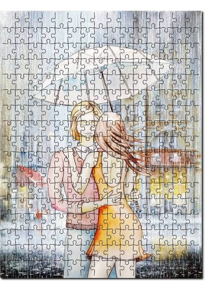 Aşk Yağmuru Şemsiyeli Çift Görseli 120 Parça Puzzle Yapboz Mdf (Ahşap)