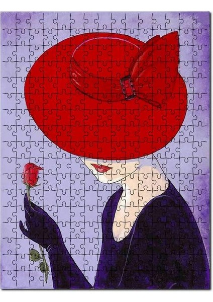 Kırmızı Şapkalı Kadın Görseli 120 Parça Puzzle Yapboz Mdf (Ahşap)