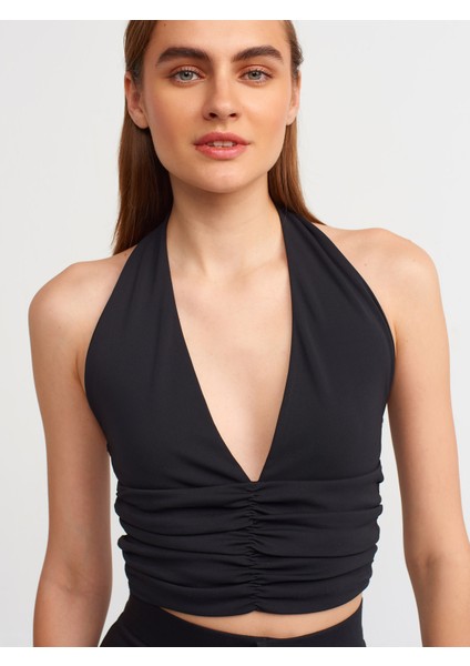 20154 Büzgü Detaylı Crop Top-Siyah