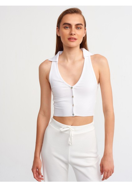 30128 Polo Yakalı Crop Top-Beyaz modelleri